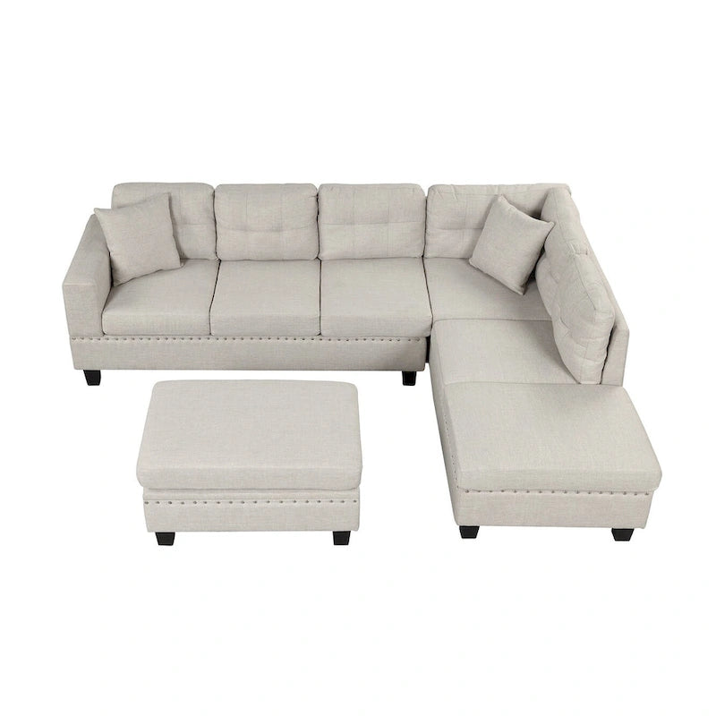 Divano Sezionale a L a 7 Posti Grigio Chiaro con Chaise Reversibile e Pouf Contenitore
