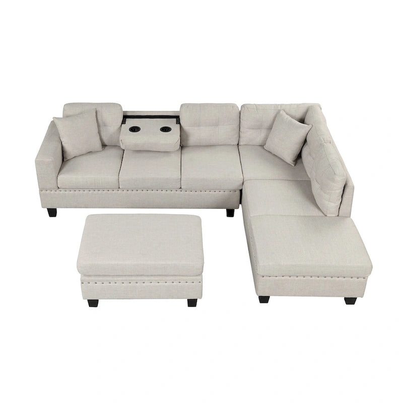 Divano Sezionale a L a 7 Posti Grigio Chiaro con Chaise Reversibile e Pouf Contenitore