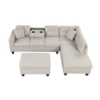 Divano Sezionale a L a 7 Posti Grigio Chiaro con Chaise Reversibile e Pouf Contenitore
