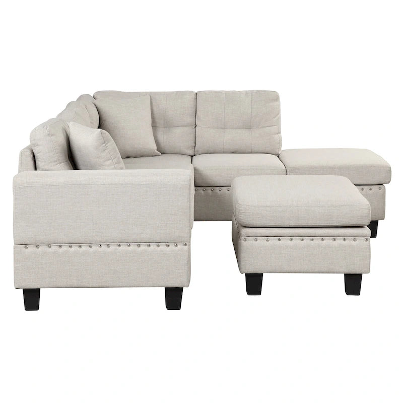Divano Sezionale a L a 7 Posti Grigio Chiaro con Chaise Reversibile e Pouf Contenitore