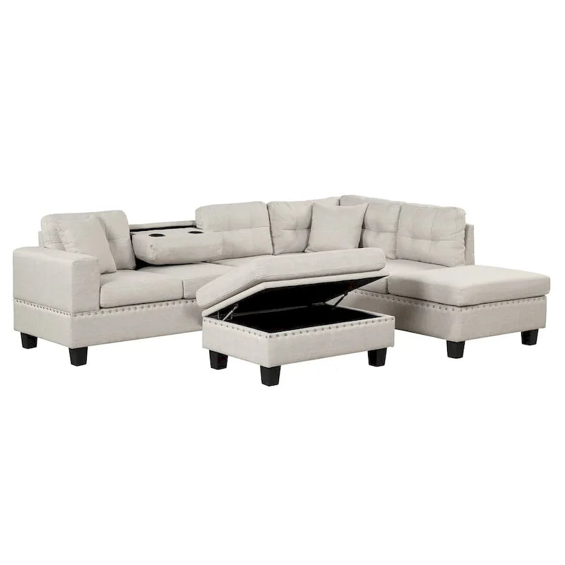 Divano Sezionale a L a 7 Posti Grigio Chiaro con Chaise Reversibile e Pouf Contenitore