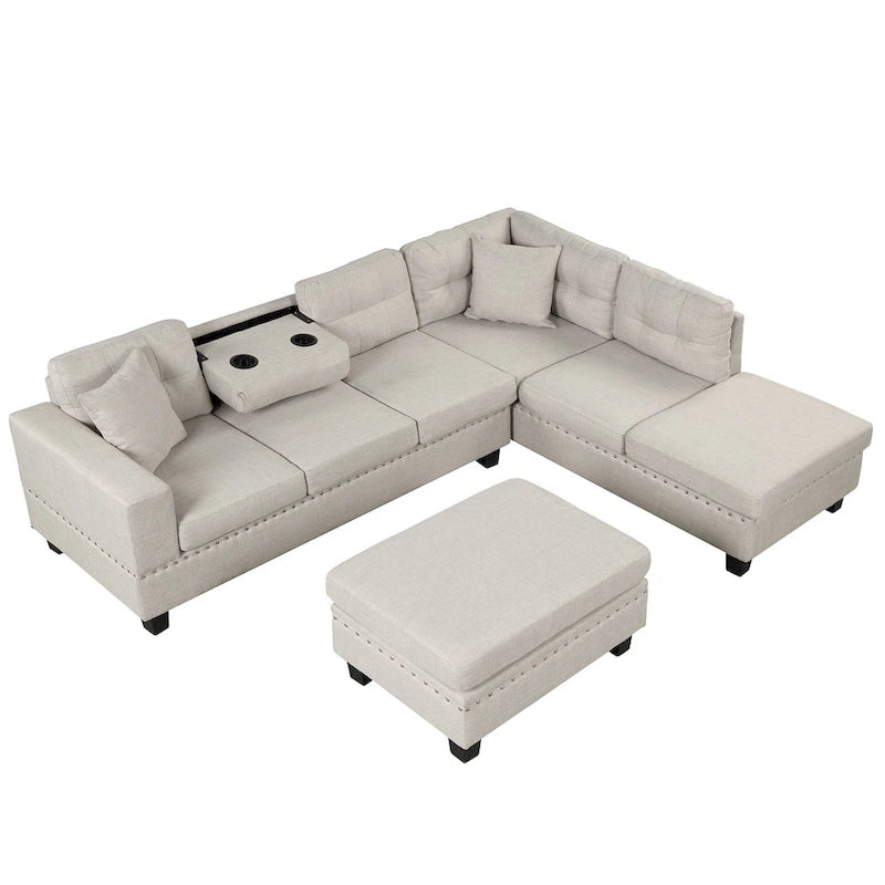 Divano Sezionale a L a 7 Posti Grigio Chiaro con Chaise Reversibile e Pouf Contenitore