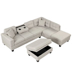Divano Sezionale a L a 7 Posti Grigio Chiaro con Chaise Reversibile e Pouf Contenitore