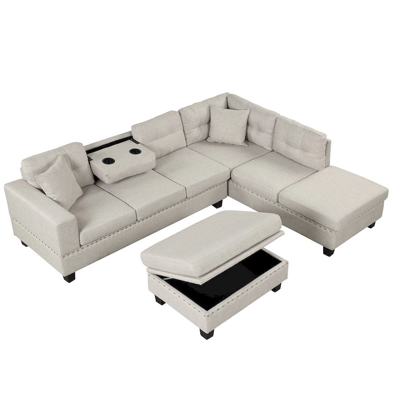 Divano Sezionale a L a 7 Posti Grigio Chiaro con Chaise Reversibile e Pouf Contenitore