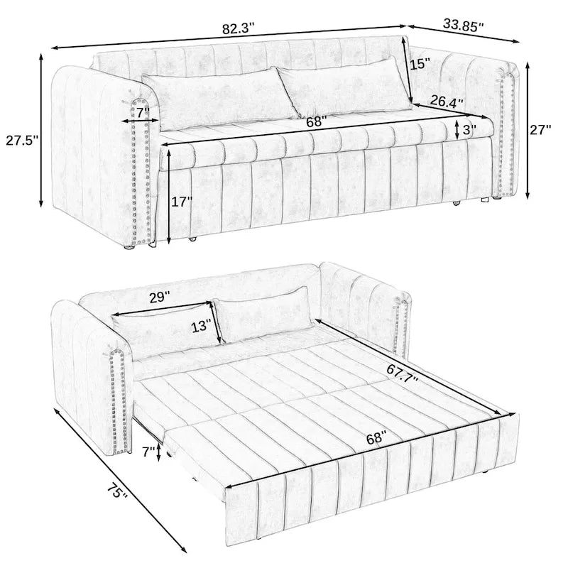 Divano Letto Estraibile 3-in-1 in Velluto Nero/Beige/Arancione/Grigio con Cassetti, 3 Posti