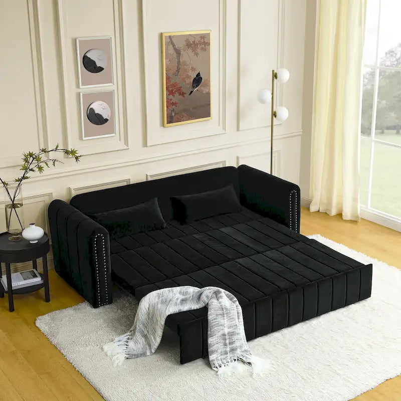 Divano Letto Estraibile 3-in-1 in Velluto Nero/Beige/Arancione/Grigio con Cassetti, 3 Posti