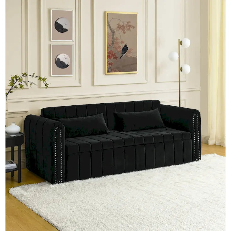 Divano Letto Estraibile 3-in-1 in Velluto Nero/Beige/Arancione/Grigio con Cassetti, 3 Posti