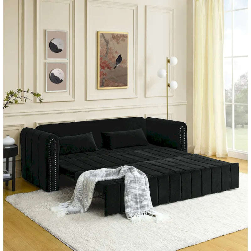 Divano Letto Estraibile 3-in-1 in Velluto Nero/Beige/Arancione/Grigio con Cassetti, 3 Posti