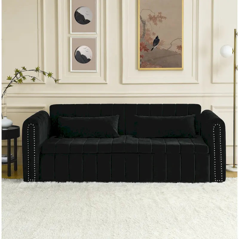 Divano Letto Estraibile 3-in-1 in Velluto Nero/Beige/Arancione/Grigio con Cassetti, 3 Posti