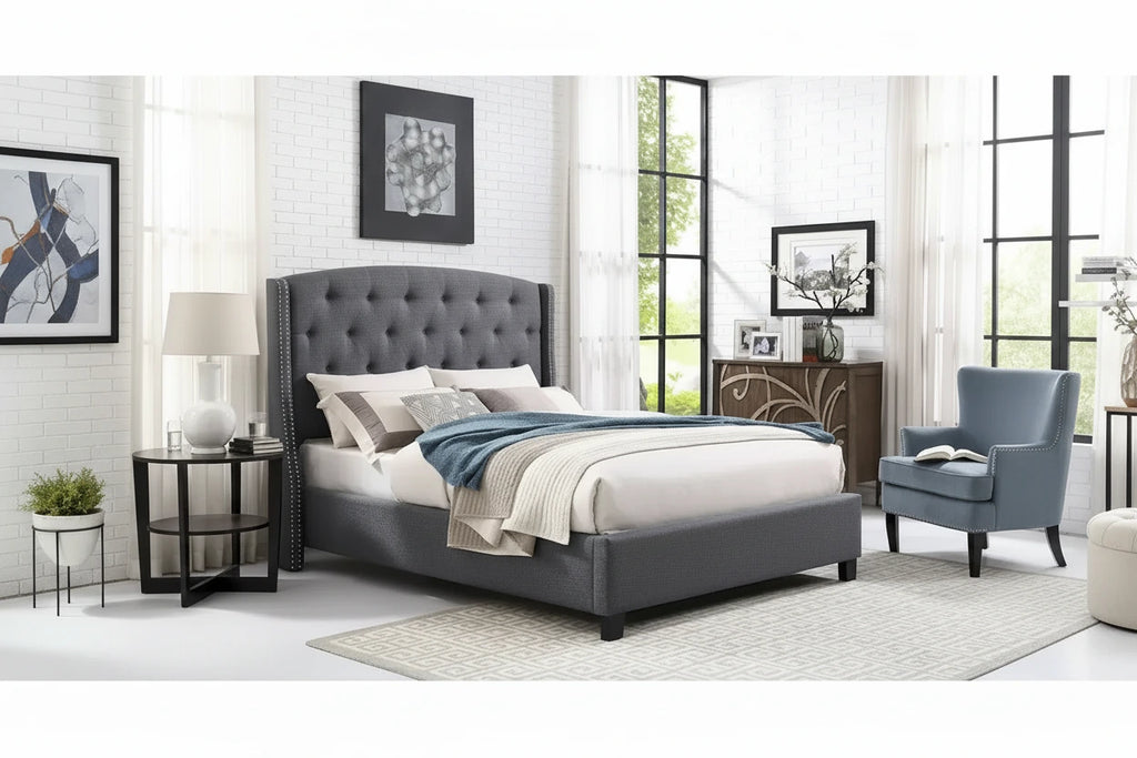 Letto con piattaforma e testiera ad ali, trapuntato a bottoni, grigio / beige / blu, per letto matrimoniale a due piazze