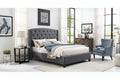 Letto con piattaforma e testiera ad ali, trapuntato a bottoni, grigio / beige / blu, per letto matrimoniale a due piazze
