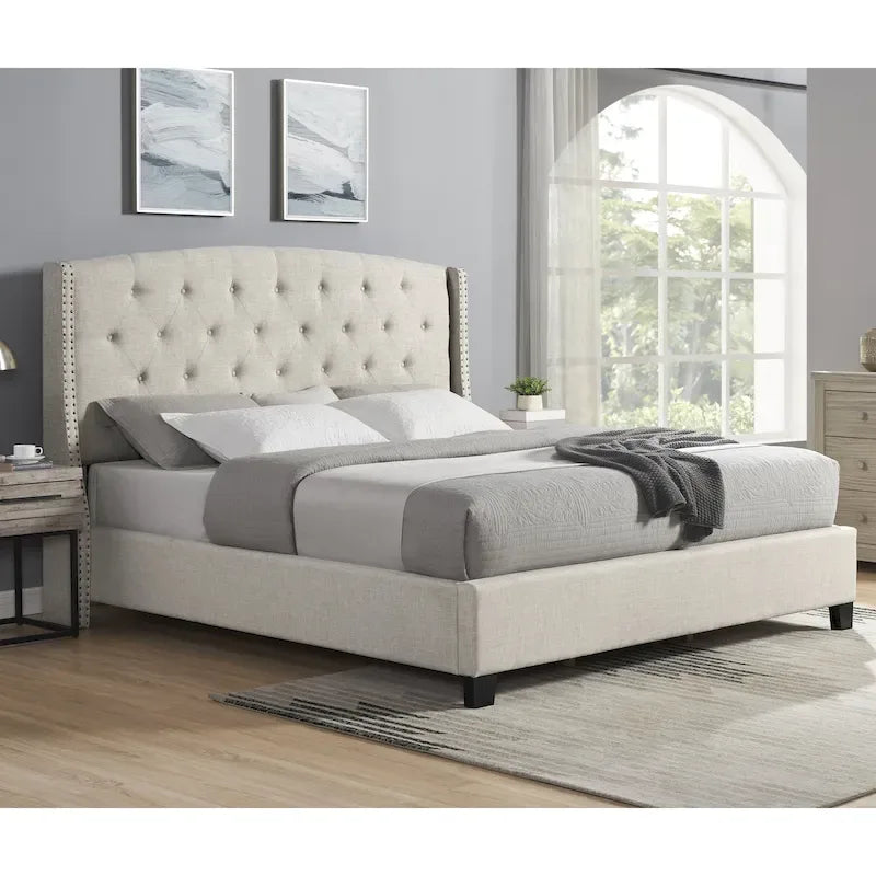 Letto con piattaforma e testiera ad ali, trapuntato a bottoni, grigio / beige / blu, per letto matrimoniale a due piazze