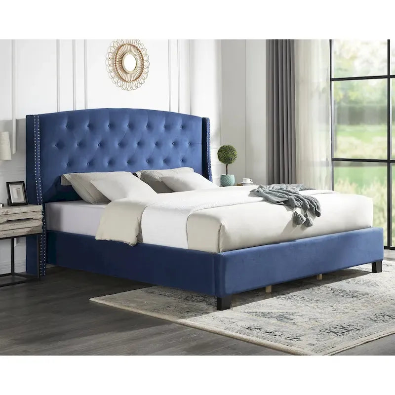 Letto con piattaforma e testiera ad ali, trapuntato a bottoni, grigio / beige / blu, per letto matrimoniale a due piazze