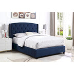 Letto con piattaforma e testiera ad ali, trapuntato a bottoni, grigio / beige / blu, per letto matrimoniale a due piazze