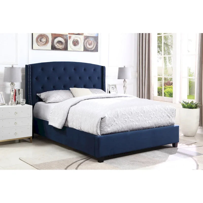Letto con piattaforma e testiera ad ali, trapuntato a bottoni, grigio / beige / blu, per letto matrimoniale a due piazze
