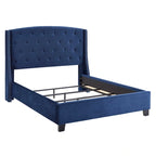 Letto con piattaforma e testiera ad ali, trapuntato a bottoni, grigio / beige / blu, per letto matrimoniale a due piazze