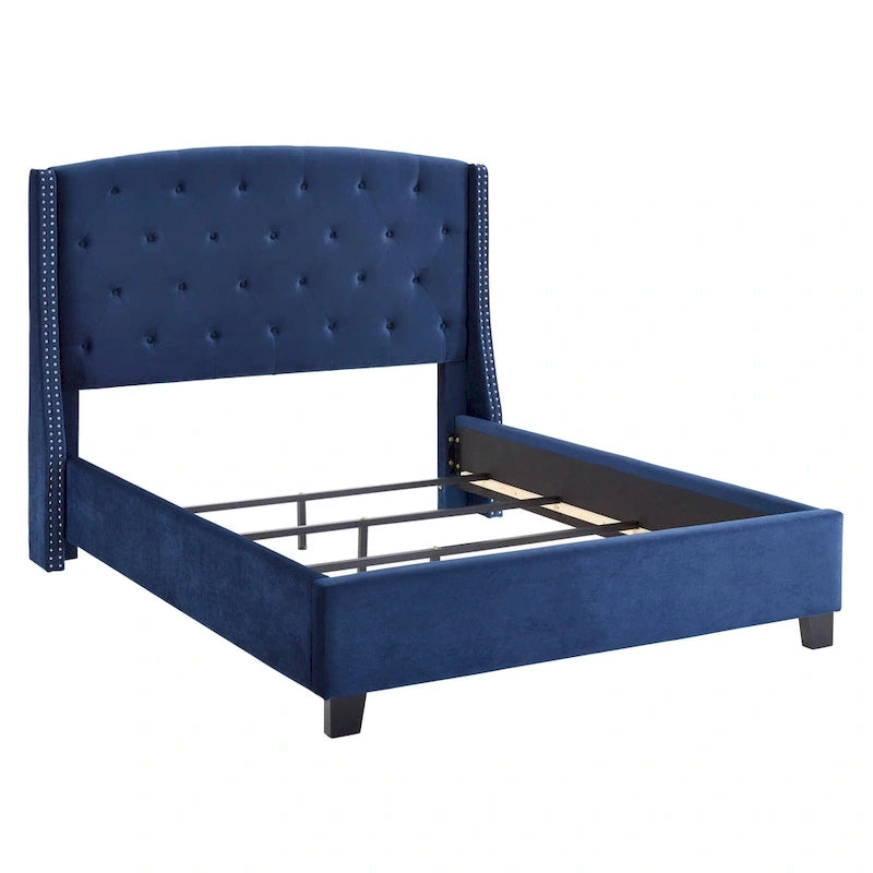 Letto con piattaforma e testiera ad ali, trapuntato a bottoni, grigio / beige / blu, per letto matrimoniale a due piazze