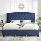 Letto con piattaforma e testiera ad ali, trapuntato a bottoni, grigio / beige / blu, per letto matrimoniale a due piazze