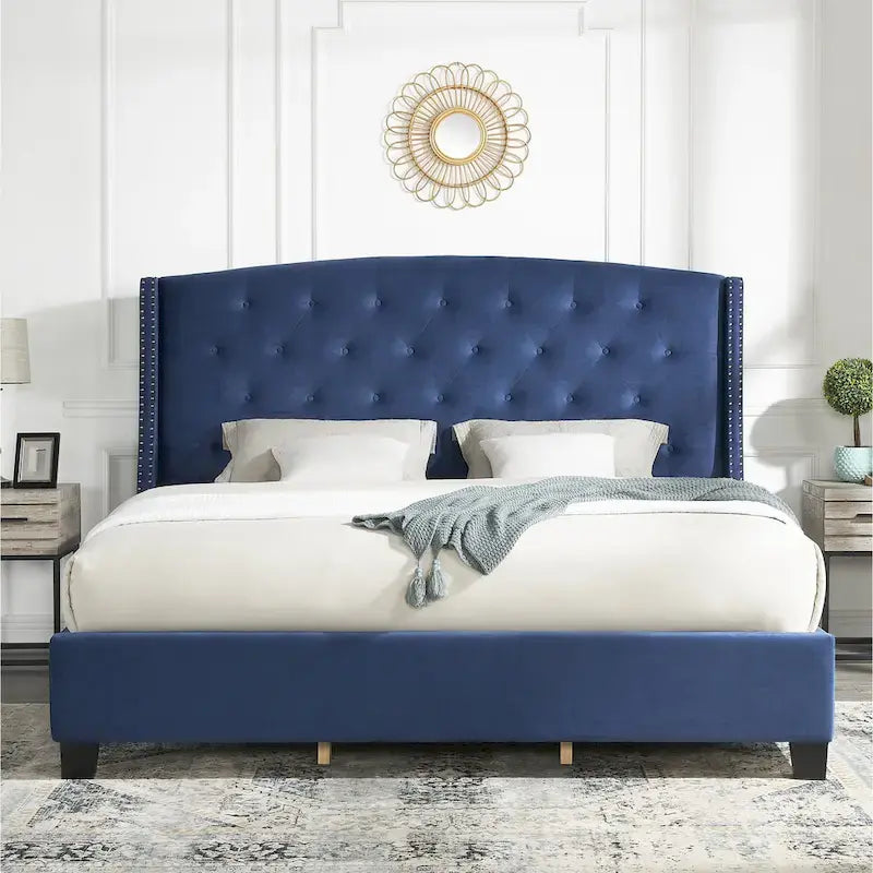 Letto con piattaforma e testiera ad ali, trapuntato a bottoni, grigio / beige / blu, per letto matrimoniale a due piazze
