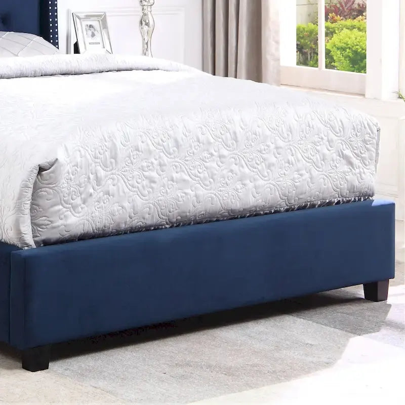 Letto con piattaforma e testiera ad ali, trapuntato a bottoni, grigio / beige / blu, per letto matrimoniale a due piazze