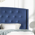 Letto con piattaforma e testiera ad ali, trapuntato a bottoni, grigio / beige / blu, per letto matrimoniale a due piazze