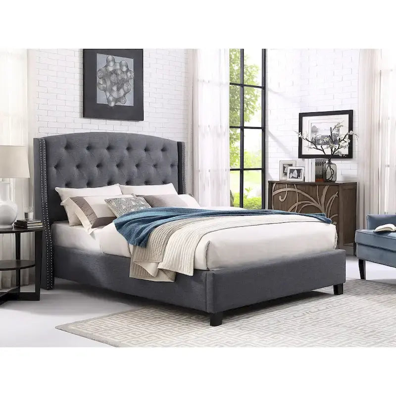 Letto con piattaforma e testiera ad ali, trapuntato a bottoni, grigio / beige / blu, per letto matrimoniale a due piazze