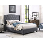 Letto con piattaforma e testiera ad ali, trapuntato a bottoni, grigio / beige / blu, per letto matrimoniale a due piazze