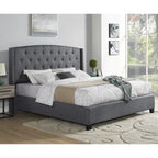 Letto con piattaforma e testiera ad ali, trapuntato a bottoni, grigio / beige / blu, per letto matrimoniale a due piazze