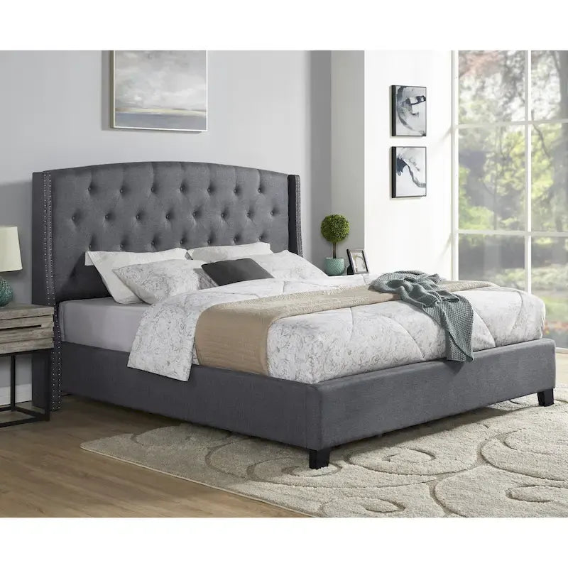 Letto con piattaforma e testiera ad ali, trapuntato a bottoni, grigio / beige / blu, per letto matrimoniale a due piazze