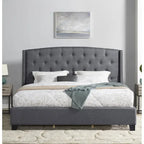 Letto con piattaforma e testiera ad ali, trapuntato a bottoni, grigio / beige / blu, per letto matrimoniale a due piazze