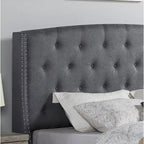 Letto con piattaforma e testiera ad ali, trapuntato a bottoni, grigio / beige / blu, per letto matrimoniale a due piazze