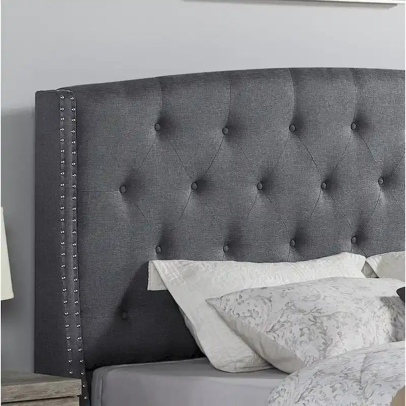 Letto con piattaforma e testiera ad ali, trapuntato a bottoni, grigio / beige / blu, per letto matrimoniale a due piazze