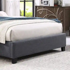 Letto con piattaforma e testiera ad ali, trapuntato a bottoni, grigio / beige / blu, per letto matrimoniale a due piazze