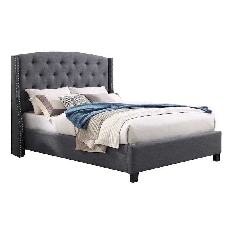Letto con piattaforma e testiera ad ali, trapuntato a bottoni, grigio / beige / blu, per letto matrimoniale a due piazze