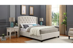 Letto con piattaforma e testiera ad ali, trapuntato a bottoni, grigio / beige / blu, per letto matrimoniale a due piazze