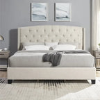 Letto con piattaforma e testiera ad ali, trapuntato a bottoni, grigio / beige / blu, per letto matrimoniale a due piazze