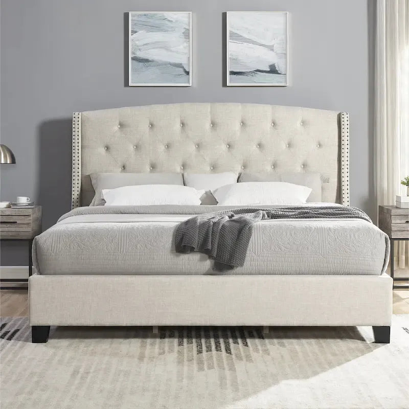 Letto con piattaforma e testiera ad ali, trapuntato a bottoni, grigio / beige / blu, per letto matrimoniale a due piazze