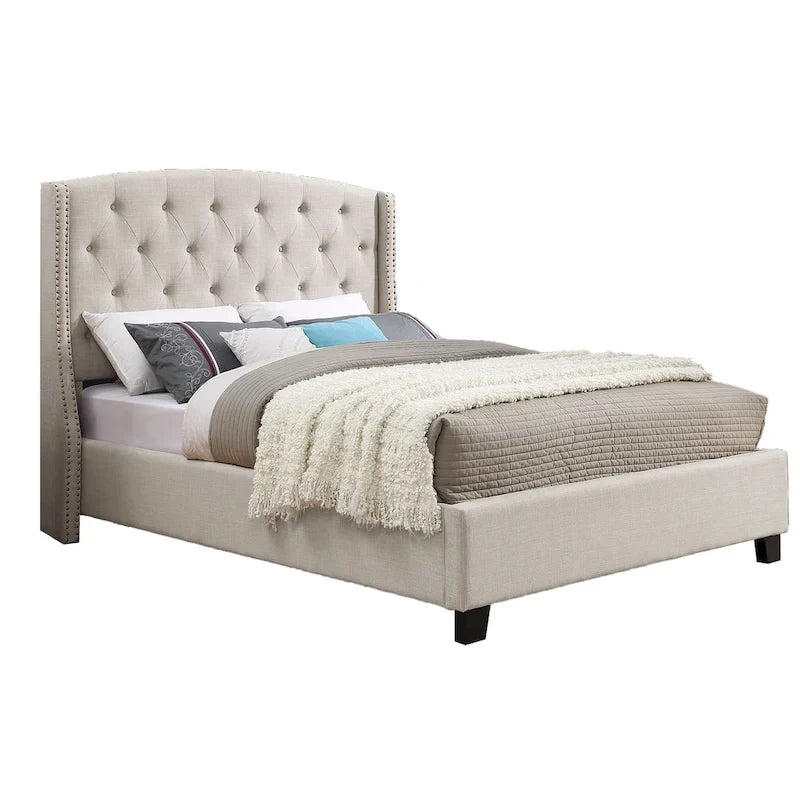 Letto con piattaforma e testiera ad ali, trapuntato a bottoni, grigio / beige / blu, per letto matrimoniale a due piazze
