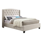Letto con piattaforma e testiera ad ali, trapuntato a bottoni, grigio / beige / blu, per letto matrimoniale a due piazze