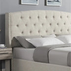Letto con piattaforma e testiera ad ali, trapuntato a bottoni, grigio / beige / blu, per letto matrimoniale a due piazze