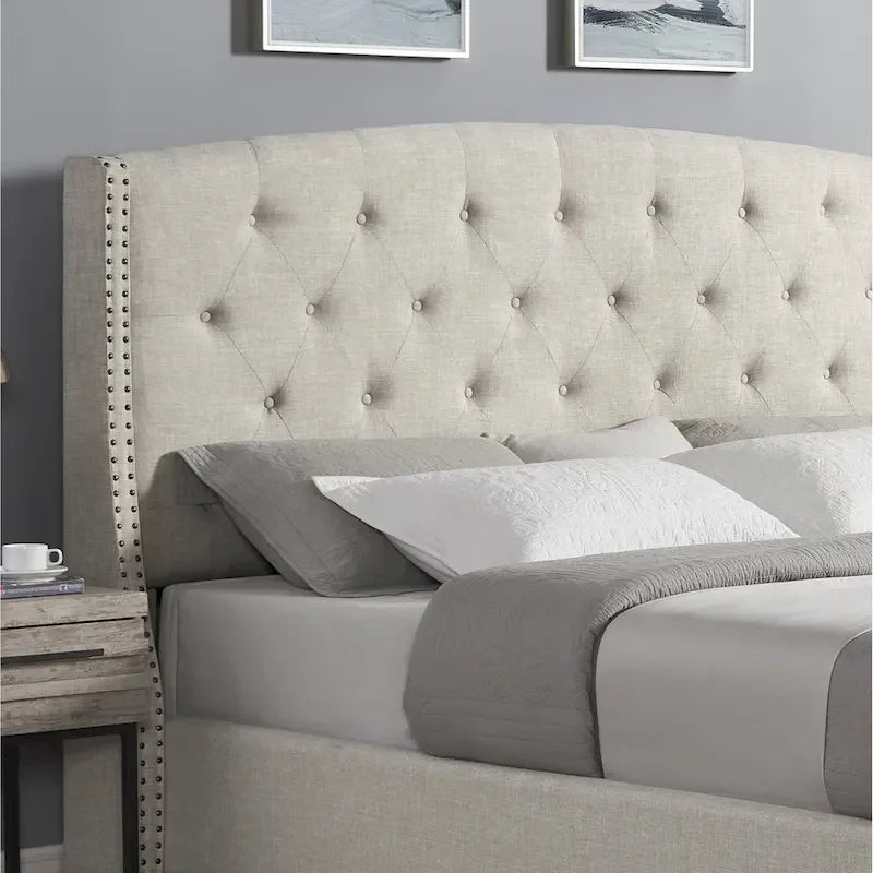 Letto con piattaforma e testiera ad ali, trapuntato a bottoni, grigio / beige / blu, per letto matrimoniale a due piazze