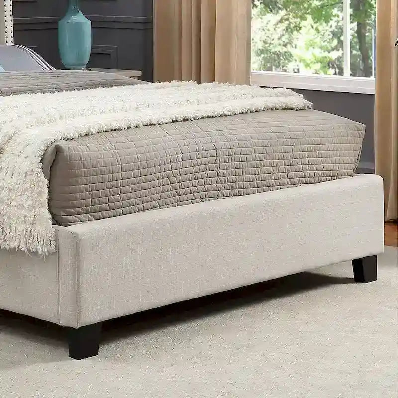 Letto con piattaforma e testiera ad ali, trapuntato a bottoni, grigio / beige / blu, per letto matrimoniale a due piazze