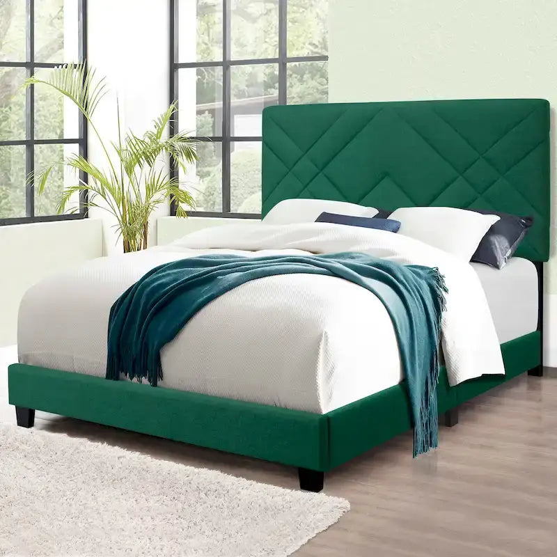 Letto a piattaforma Queen in velluto verde con testiera imbottita, 2 persone