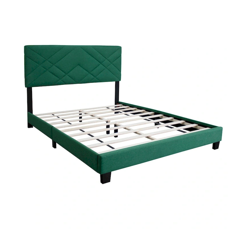 Letto a piattaforma Queen in velluto verde con testiera imbottita, 2 persone