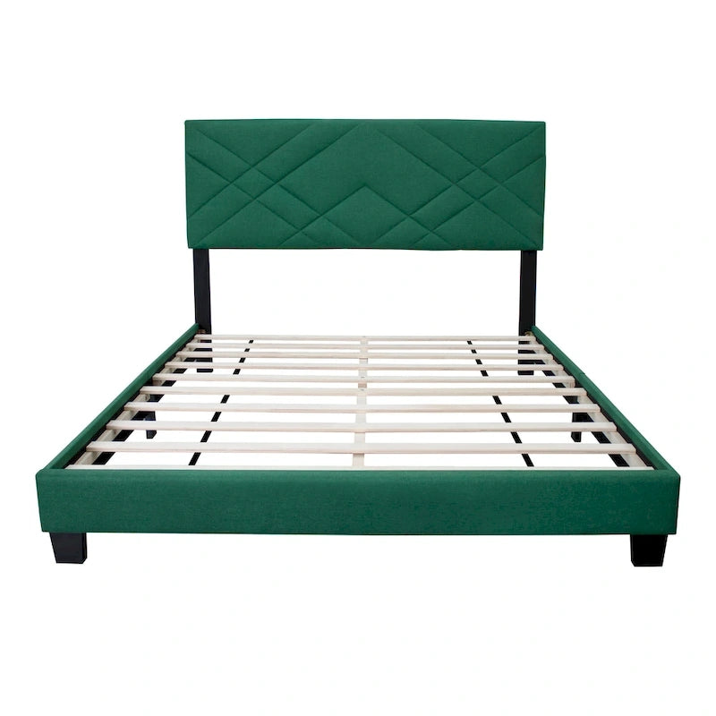 Letto a piattaforma Queen in velluto verde con testiera imbottita, 2 persone