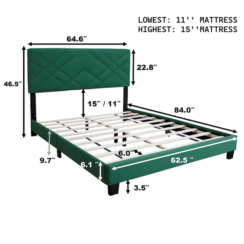 Letto a piattaforma Queen in velluto verde con testiera imbottita, 2 persone