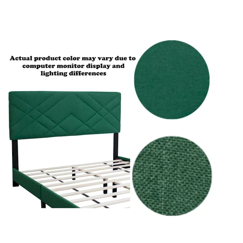 Letto a piattaforma Queen in velluto verde con testiera imbottita, 2 persone