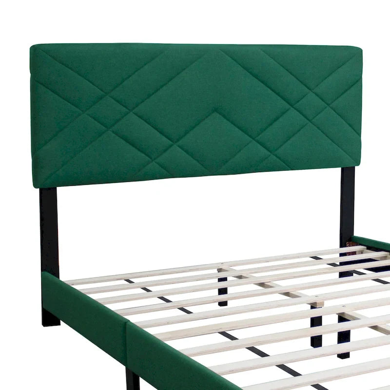 Letto a piattaforma Queen in velluto verde con testiera imbottita, 2 persone