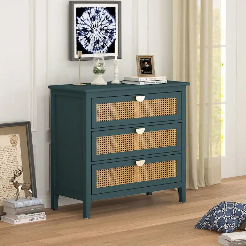 Cassettiera a 3 cassetti in rattan verde/grigio, monoutente