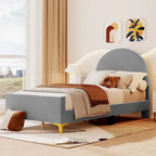Letto a piattaforma singolo in velluto grigio/beige/rosa con testiera semicircolare, 1 posto
